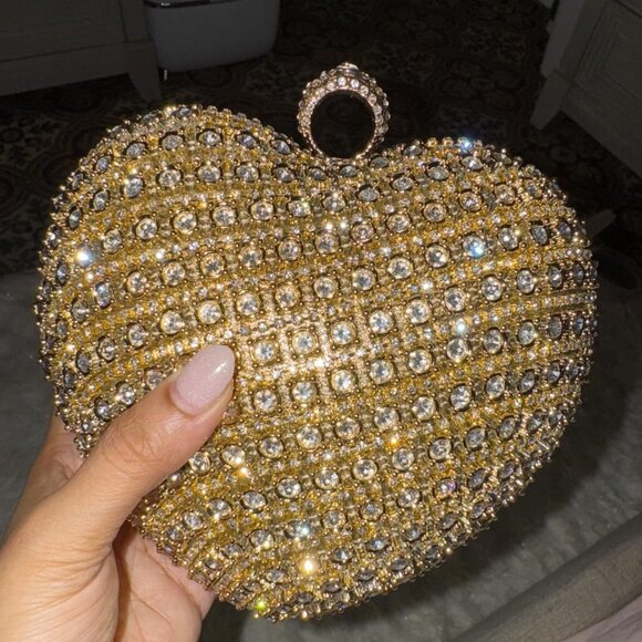 Neman Marcus Gold Rhinestone Heart Shape Clutch Purse - Picture 1 of 6
